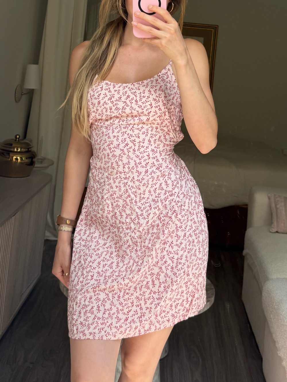 Brandy Melville Floral Mini Dress Pink Red Tie Back Sundress S